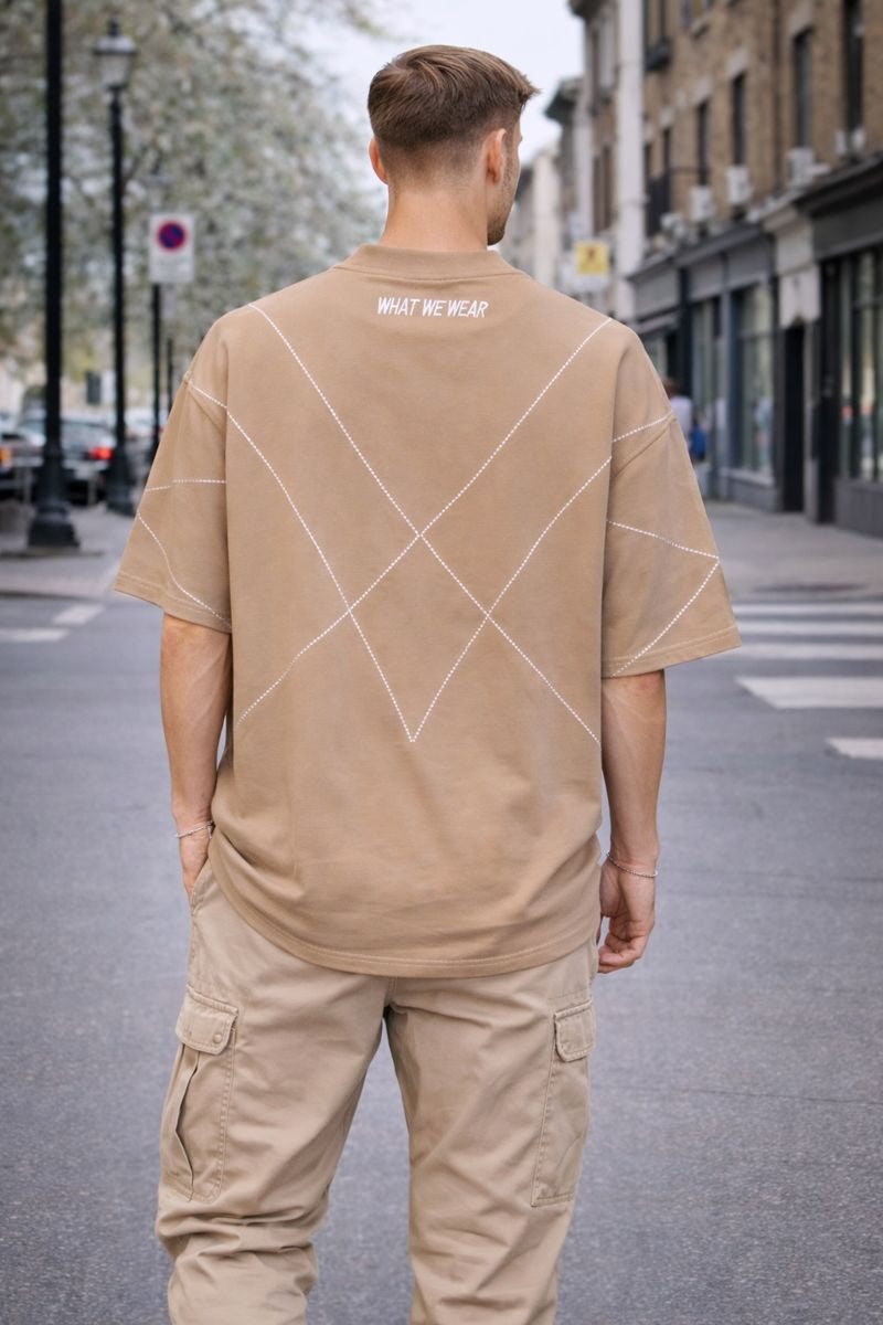 Tricou bărbătesc oversize bej cu cusături decorative