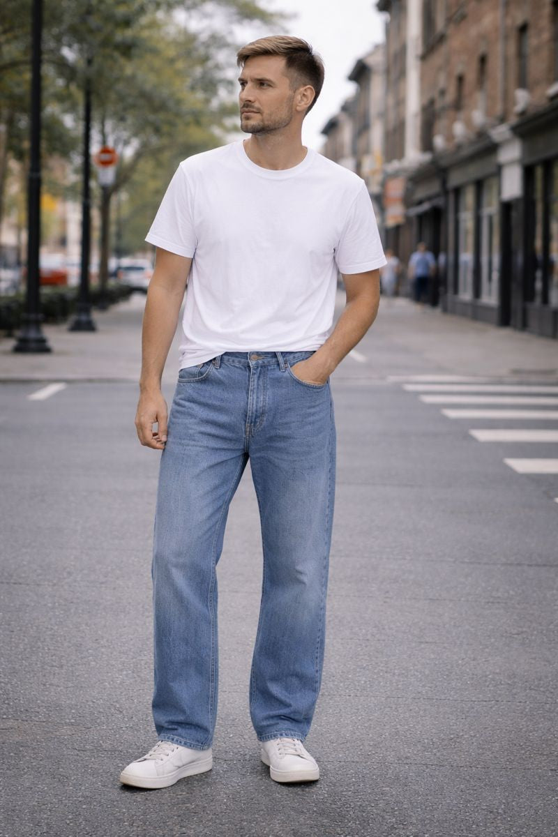 Blugi Bărbați Albastru Mediu – Straight Fit / Baggy