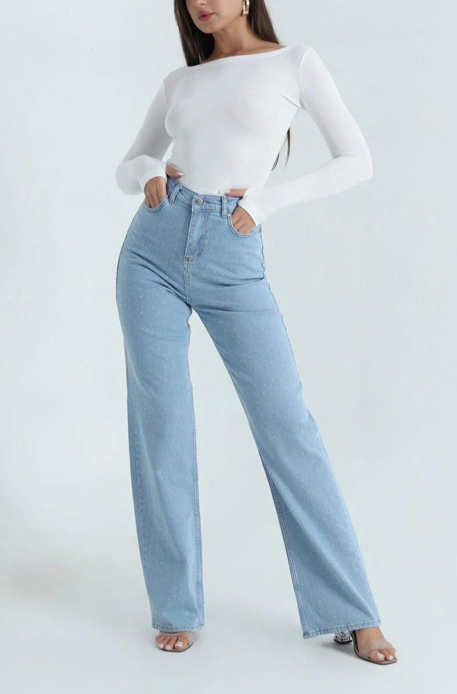 Blugi damă albastru deschis cu strasuri