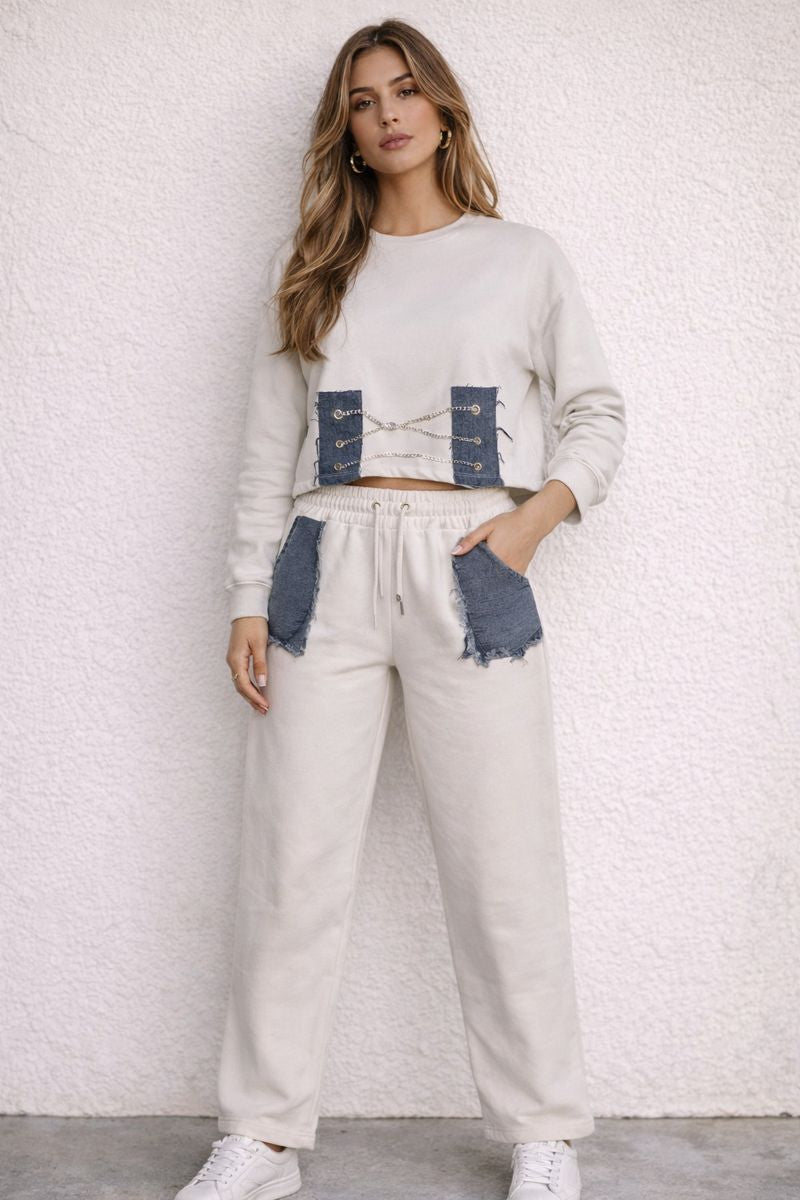 Set Casual Bej cu Inserții Denim Urban Contrast