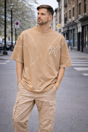 Tricou bărbătesc oversize bej cu cusături decorative