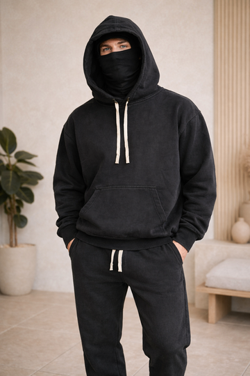 Set trening bărbați negru washed cu glugă și mască