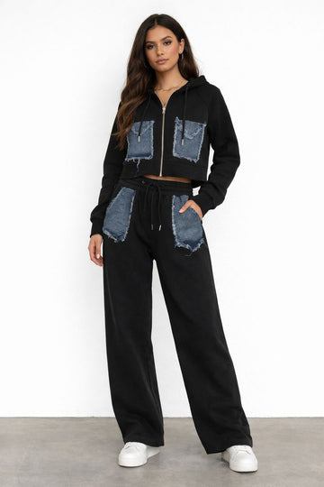Set casual negru cu inserții denim și fermoar