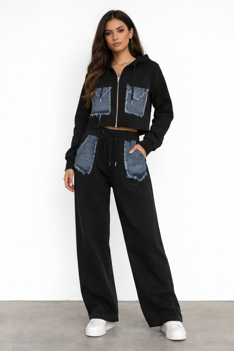 Set casual negru cu inserții denim și fermoar