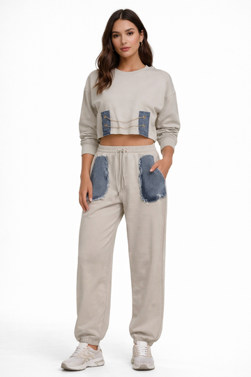 Set casual kaki cu inserții denim