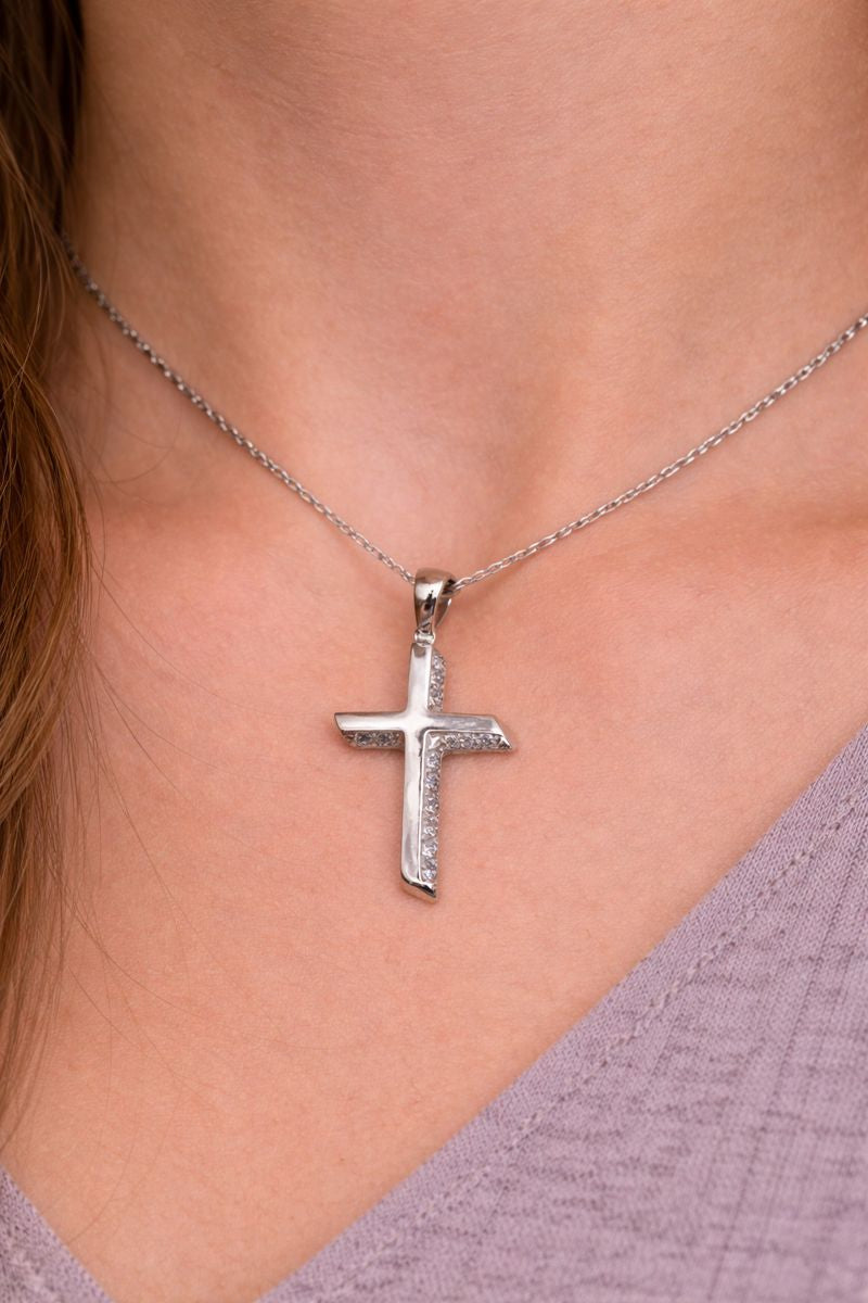 Pandantiv din Argint 925 Cruce Modernă cu Zirconii Albe