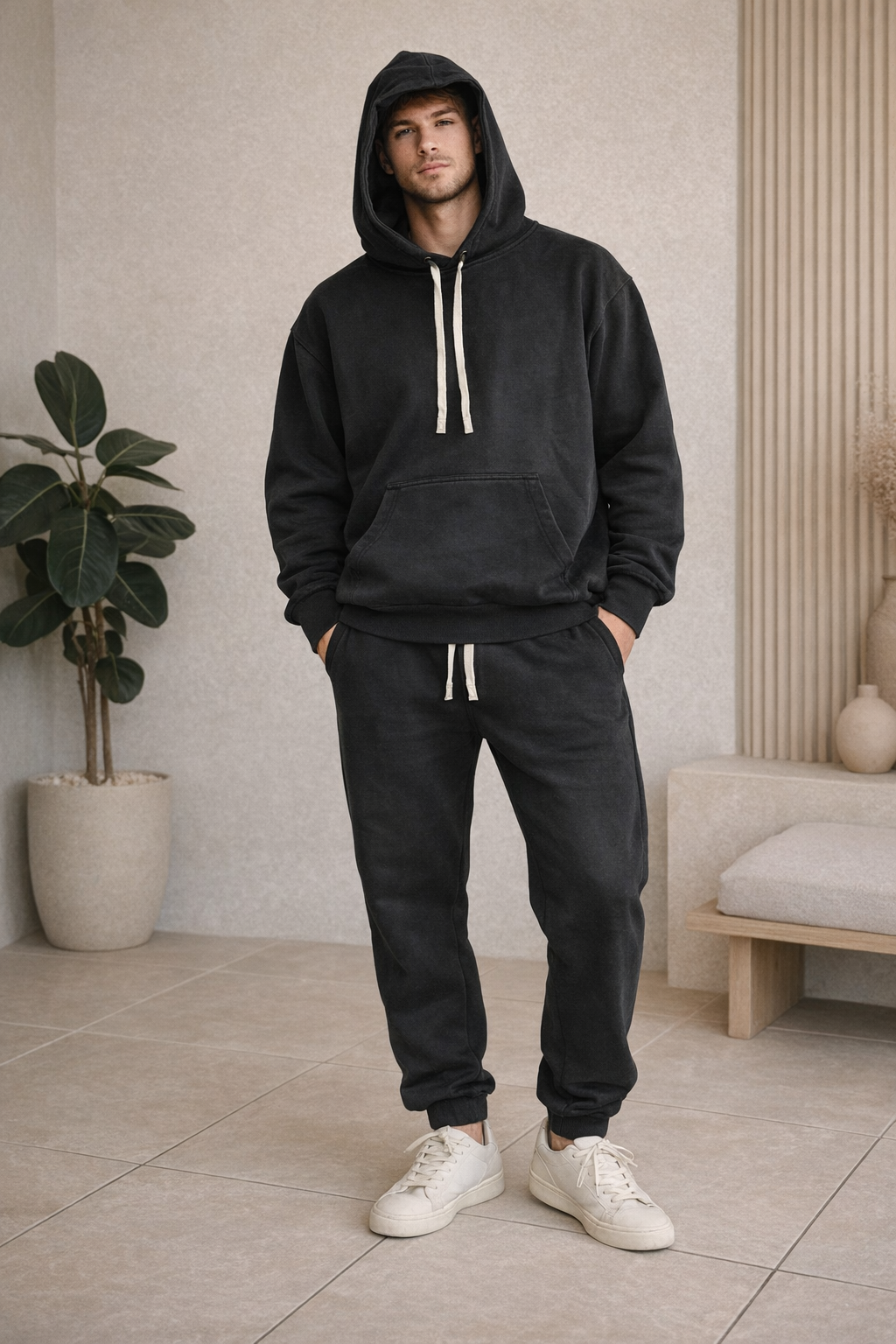 Set trening bărbați negru washed cu glugă și mască