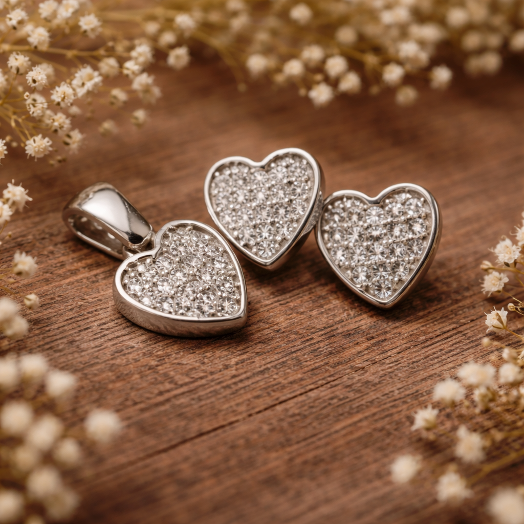 Set bijuterii din Argint 925 cu inimioare și pietre albe – simbolul eleganței delicate