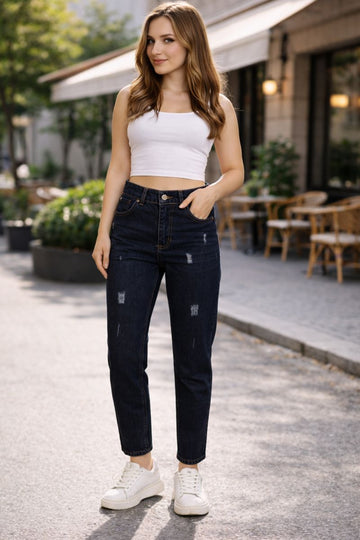 Blugi damă albastru închis Boyfriend-Mom Fit