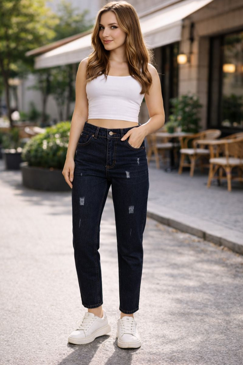 Blugi damă albastru închis Boyfriend-Mom Fit