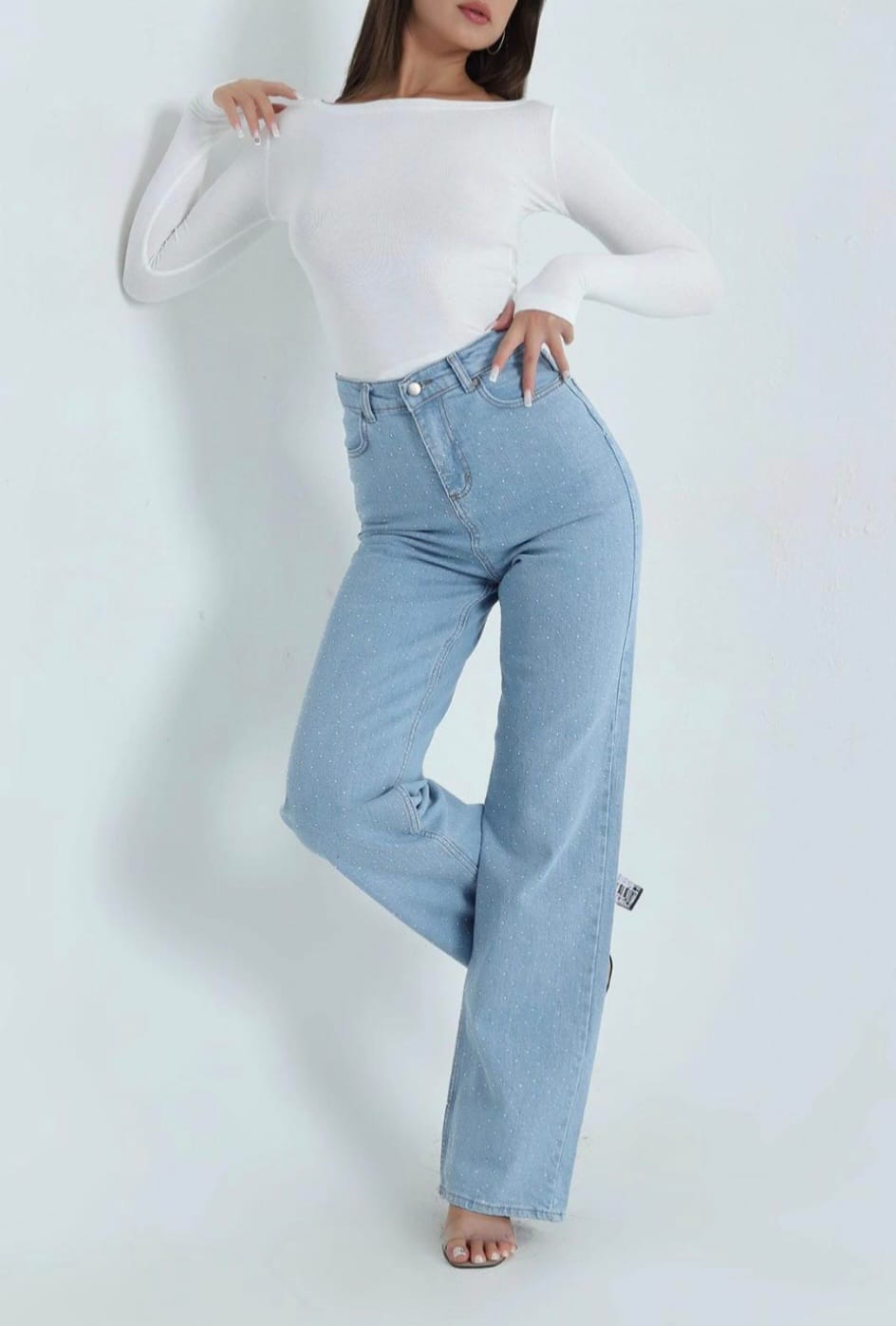 Blugi damă albastru deschis cu strasuri