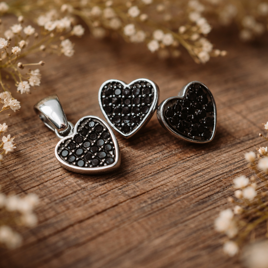 Set bijuterii din Argint 925 cu inimioare și pietre negre – eleganță și rafinament într-un design delicat