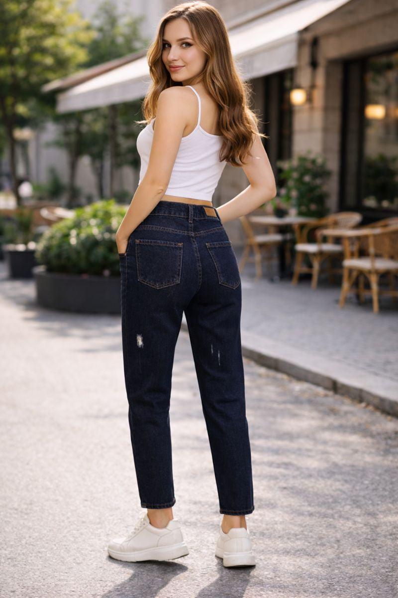 Blugi damă albastru închis Boyfriend-Mom Fit