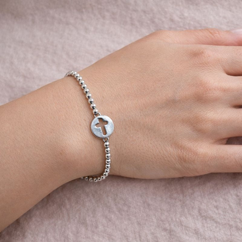 Brățară din Argint 925 cu Biluțe și Medalion Cruce Decupată