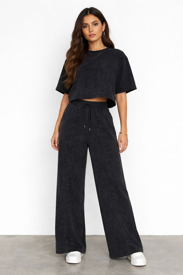 Set casual negru washed cu strasuri