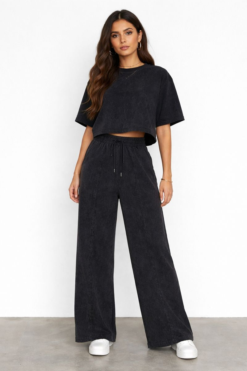 Set casual negru washed cu strasuri