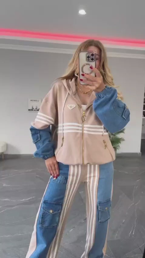 Compleu Damă Sport-Chic cu Inserții Denim – Hanorac & Pantaloni Largi